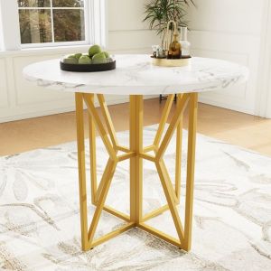 Modfu - Table à manger ronde 80 x 80 x 75 cm, table basse, pieds en métal, convient pour salon, cuisine ou salle à manger, mdf, marron, pieds noirs