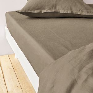 Drap housse lin lavé matelas épais, Linot Lin Taupe Taille 140X200 cm