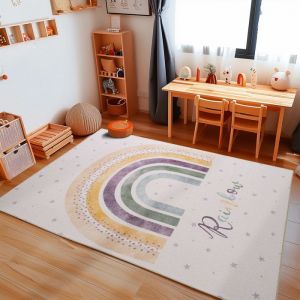 Carpetsale24 Tapis enfant motif arc-en-ciel couleur cr&egrave;me 140x200 cm tapis chambre enfant tapis chambre b&eacute;b&eacute;
