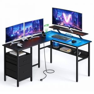 Bureau en L avec Multiprise avec Rehausseur d’Écran 2 Tiroirs 2 Ports USB Facile à Monter pour Bureau Noir Boisé