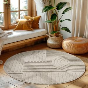 Homebyhome Tapis de Salon ou chambre en Beige 120 cm Rond style boh&egrave;me scandinave avec effet haut-bas tapis d&eacute;coratif
