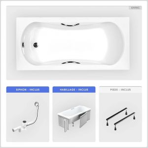 Baignoire rectangulaire - 160 x 70 cm - avec Habillage - Pieds - Poignées - Vidage Chrome - ARIA PLUS