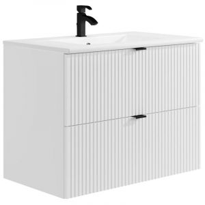 Meuble de salle de bain suspendu strié avec vasque à encastrer - Blanc - L80 cm - ZEVINI