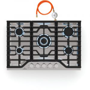 Klarstein Turbocast Plaque De Cuisson Gaz - 5 Brûleurs Inox 304, 3.4kW Wok, Allumage Électrique, Supports Fonte, Kit Conversion gpl, 750x500mm