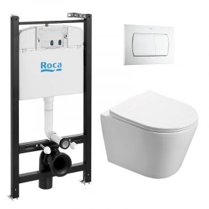 Roca Swiss Aqua Technologies Pack Bâti-support Active + WC sans bride SAT Infinitio + Abattant slim, softclose + Plaque Blanche