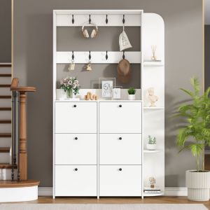 Ensemble vestiaire d'entr&eacute;e 120x24x200 cm - Avec 6 meubles &agrave; chaussures - 8 crochets - Avec 5 &eacute;tag&egrave;res de rangement - Blanc