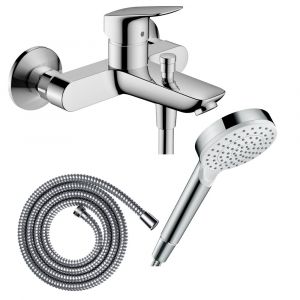 Hansgrohe Pack mitigeur bain douche mécanique Logis + Flexible Metaflex + Pommeau Vernis Blend 100 EcoSmart 1jet chromé