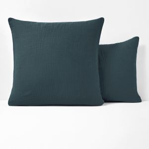Taie d'oreiller unie gaze de coton, K la Bleu Pétrole Taille 50x70 cm;63x63 cm