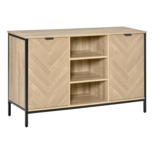 Homcom Buffet design style graphique fa&ccedil;ades placards &agrave; chevrons - 2 portes avec &eacute;tag&egrave;re, 3 niches - m&eacute;tal noir panneaux aspect ch&ecirc;ne clair