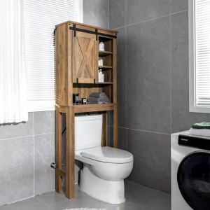 Costway Meuble Wc Au-Dessus De Toilettes En Bois 4 Étagères Avec Porte Coulissante Pour Salle De Bain, 67 X 25 X 172 Cm