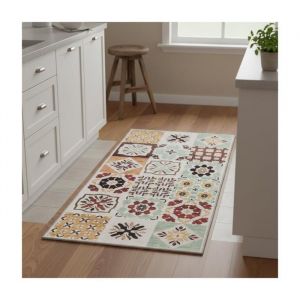 Unamourdetapis Tapis cuisine 60 x 120 cm motif g&eacute;om&eacute;trique, multicolore beige vert, texture kilim tiss&eacute;, pliable et hydrofuge, design original pour entr&eacute;e