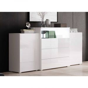 Buffet commodes 2 portes 3 tiroirs blanc laqué avec led - marcel - blanc