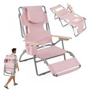 3 En 1 Chaise De Jardin Pliante Extérieur Costway, Trou Pour Visage, Dossier Réglable, Oreiller, Fauteuil Inclinable Portable, Rose