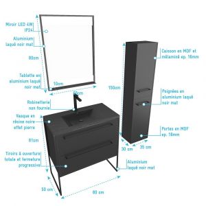 Aurlane Pack meuble de salle de bain 80x50 cm Noir - vasque - miroir cadre noir LED - colonne suspendu STRUCTURA