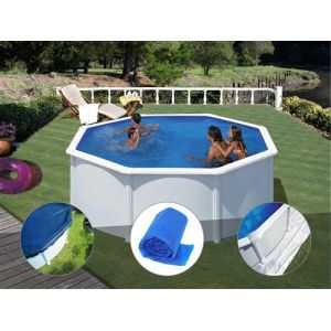 Gre Kit piscine acier blanc Fidji ronde 3,20 x 1,22 m + Bâche hiver + Bâche à bulles + Tapis de sol