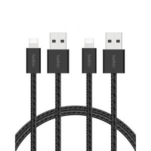 Belkin Pack de 2 C&acirc;bles USB-A vers Lightning avec gaine tress&eacute;e (1,5 m, doux au toucher, souple, recharge rapide, c&acirc;ble de recharge pour iPhone 14 et version ant&eacute;rieure, iPad 9e g&eacute;n., AirPods, noir)