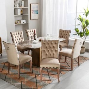 Lot de 6 Chaises de salle à manger rembourrée avec garniture tête de clou, pieds en bois massif, revêtement en velours, camel clair