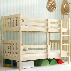 Lit superposé Kacper 90x200 Bois Massif, Pin naturel, Barrière, Sommier, Tiroir, Séparable en 2 lit (pin)
