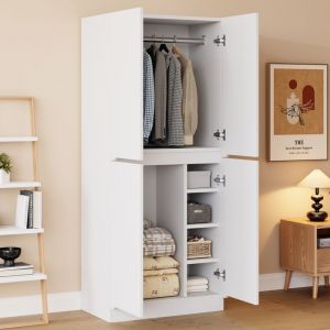 OKWISH Armoire de chambre en bois 70&times;40&times;170 cm armoire avec 2 portes et petits compartiments de rangement blanc