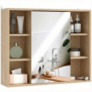 Homcom Meuble salle de bain avec miroir - placard &agrave; portes et 6 compartiments ouverts - 60 x 14,5 x 49,4 cm - bois naturel