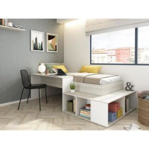 Lit combin&eacute; 90 x 200 cm avec rangements et bureau - Coloris : Naturel et blanc + Sommier + Matelas - RIGALI
