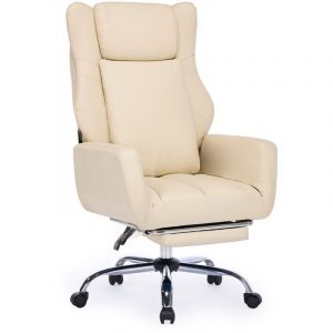 Chaise de bureau à pieds croisés avec, revêtement en cuir PU, accoudoirs et repose-pieds réversibles, beige