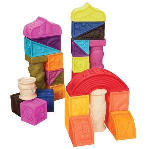 B. toys &ndash; Blocs pour b&eacute;b&eacute;s Elemenosqueeze &ndash; 26 blocs &agrave; empiler avec formes, chiffres, animaux et textures douces &ndash; Pour enfants de 6 mois et plus (26 pi&egrave;ces)