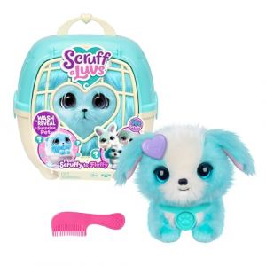 Scruffs de Compagnie ScruffaLuvs Bleu– Peluche mystère, 19 cm – Lave et découvre Un Chiot, Un Lapin ou Un Chaton – avec Caisse de Transport Deluxe de 22 cm