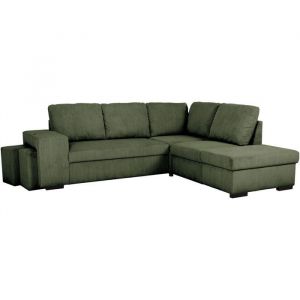 Canap&eacute; d'angle convertible MITCHELL - 4/5 places - Velours c&ocirc;tel&eacute; kaki - Coffre et 2 poufs