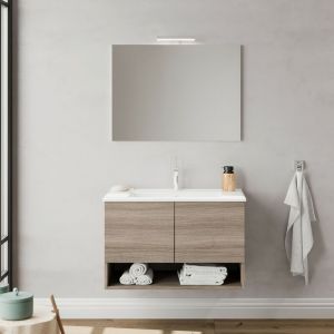 Oslo Meuble avec simple vasque encastrée largeur 80 cm + miroir Chêne fumé - Chêne fumé