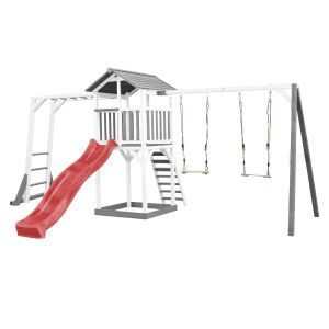 Axi Aire de jeux avec toboggan rouge, balançoire double, bois, blanc/gris