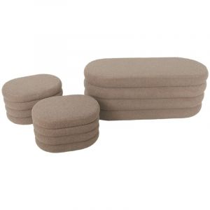 Sweeek - Banc coffre en bouclettes taupe avec 2 poufs ovales de rangement intégrés - L111cm