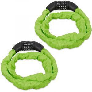 Relaxdays Antivol vélo en lot de 2, Cadenas à code, Chaine anti-vol pour vélo, moto ou poussette, 5 chiffres, acier, 120 cm, vert