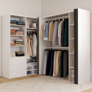 Idmarket Dressing extensible d'angle MARLON 200 x 150 x 180 cm blanc avec penderies + tiroirs + étagères + rideaux gris