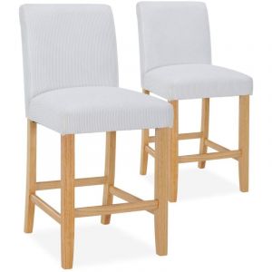 Lot de 2 chaises de bar en bois Rosie velours c&ocirc;tel&eacute; Blanc - H65cm