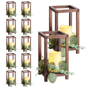 Lot de 12 Lanternes en Bois pour Mariage-Duoku-avec Bougies LED sans Flamme et Couronnes de Fleurs Artificielles-Marron