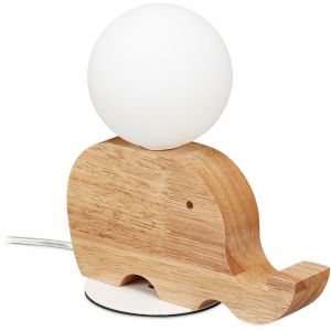 Relaxdays Lampe de chevet pour chambre enfant ou bébé, forme d’éléphant bois, boule verre, 21x20x10 cm, nature/blanc