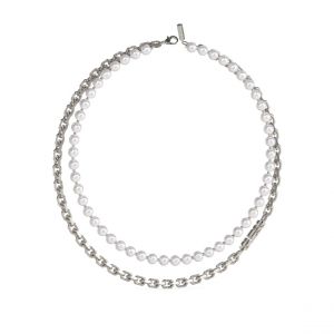 Collier Edgy Styles Acier Rhodié Double Rang Chaîne Et Perles