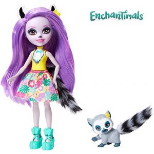 Image de Mattel Enchantimals Mini-poupée Larissa Lémurien et Figurine Animale Ringlet, aux cheveux violets avec jupe à motifs en tissu, jouet enfant, GFN44