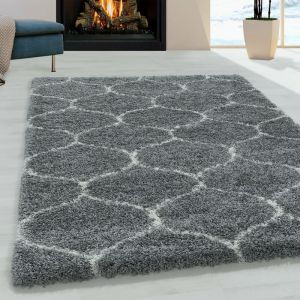 SALMA - Tapis &agrave; poils longs et motifs Alhambra - Gris et Blanc 060 x 110 cm