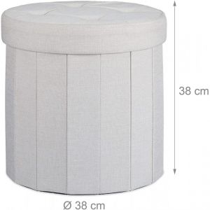 Tabouret avec rangement pouf rond pliant pliable rembourr&eacute; couvercle repose pieds cr&egrave;me 13_0002759