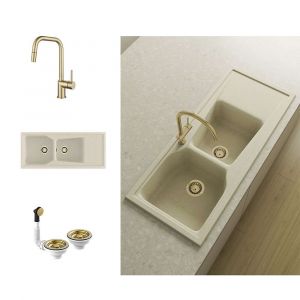 Pack Evier 2 bacs avec &eacute;gouttoir POALGI City Pumice + mitigeur avec douchette + bonde or