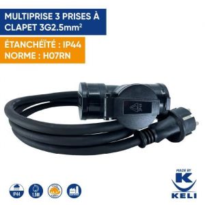 Keli - Multiprise Pro 3 prises à clapet 3G2.5 IP44 H07RN