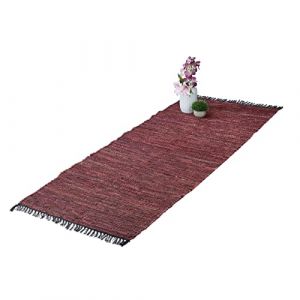 Relaxdays Tapis tissé, 80 x 200 cm, Coton et Cuir, Descente de lit à Franges, antidérapant, natte décorative, Rouge