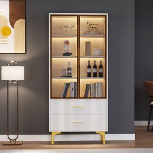 Buffet haut - URBAN MEUBLE - &eacute;l&eacute;gant blanc - portes vitr&eacute;es et &eacute;clairage LED