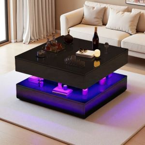 Table Basse - Relevable - LED RGB - Rangement Intelligent - Finition Brillante Noire 78cm