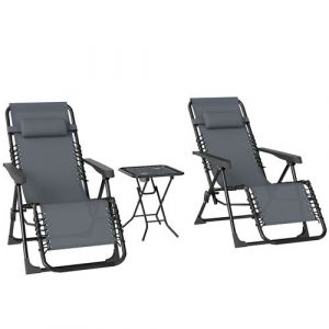 Outsunny Lot de 2 chaises longues pliables inclinables z&eacute;ro gravit&eacute; avec table d'appoint m&eacute;tal textil&egrave;ne gris