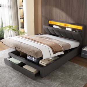 Lit adulte 160x200cm, lit capitonné avec port usb, éclairage led, tête de lit ouverte avec rangement, pieds cachés, sans matelas, tissu lin, gris