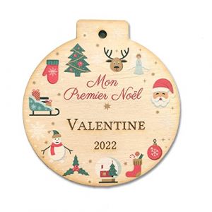Boule de Noël en bois personnalisée – Mon Premier Noël – Décoration sapin à suspendre – Prénom gravé – 9 x 9,5 cm
