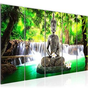 Runa art Tableau Décoration Murale Cascade Bouddha 150x60 cm - 5 Panneaux Deco Toile Prêt à Accrocher 503556a
